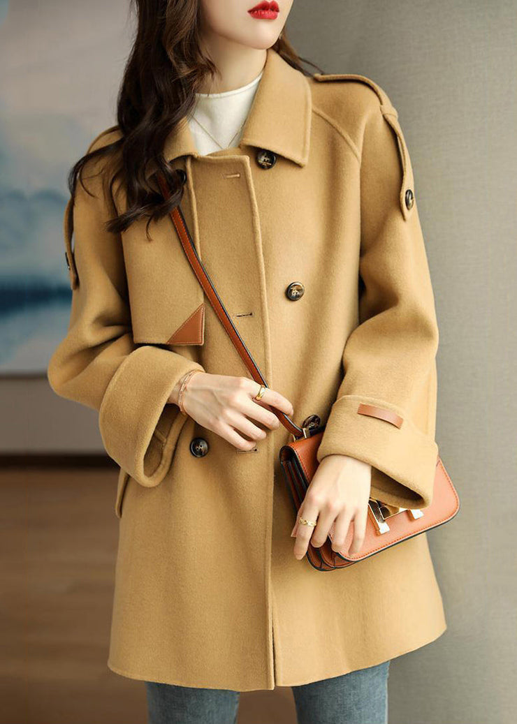 French Light Camel Peter Pan Collar Double Breast Woolen Coats Fall