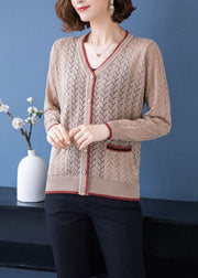 French Light Camel V Neck Pockets Hollow Out Patchwork Thin Knit Cardigan Fall