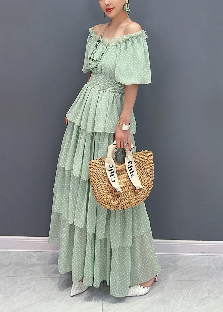 French Light Green Cold Shoulder Ruffled Patchwork Chiffon Dress Summer
