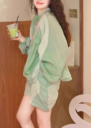 French Light Green Patchwork Shirts And Shorts Two Piece Set Summer