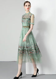 French Light Green Ruffled Embroideried Wrinkled Tulle Dress Summer