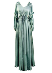 French Light Green V Neck Wrinkled Cinched Silk Long Dresses Spring