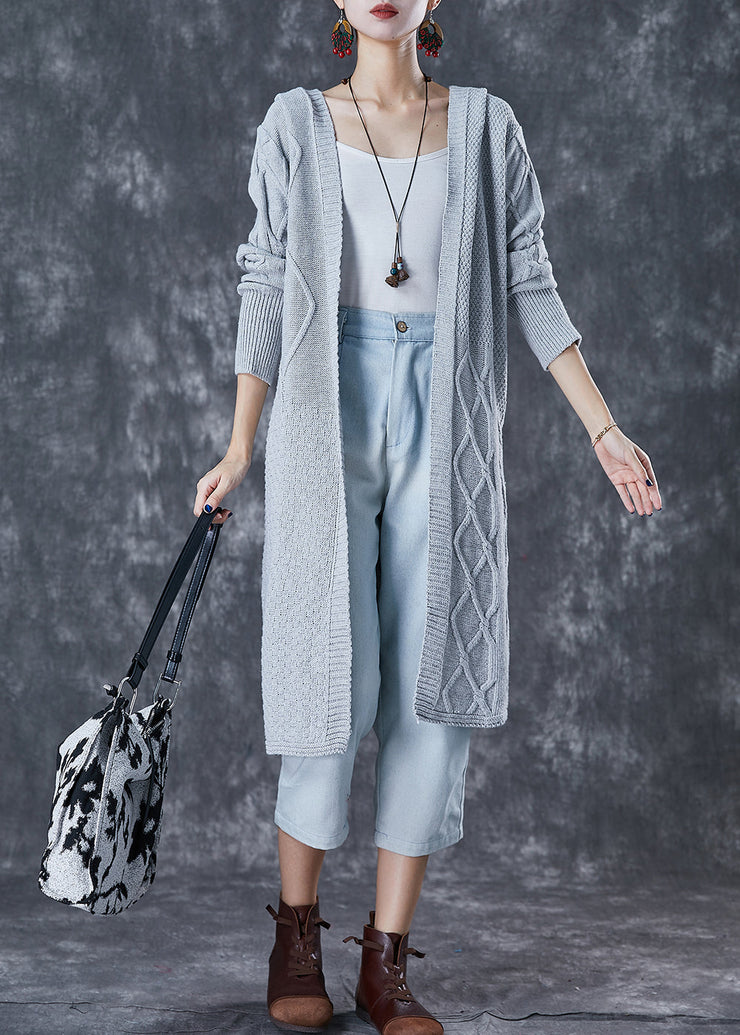 French Light Grey Hooded Cable Knit Loose Cardigan Fall