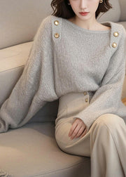 French Light Grey Slash Neck Cozy Cotton Knit Sweater Tops Spring