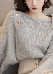 French Light Grey Slash Neck Cozy Cotton Knit Sweater Tops Spring