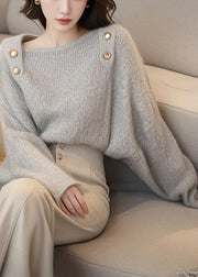 French Light Grey Slash Neck Cozy Cotton Knit Sweater Tops Spring