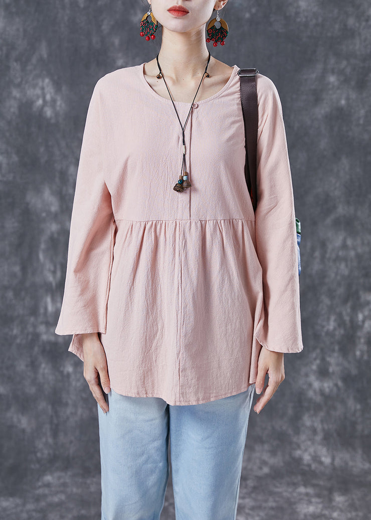 French Light Pink Oversized Patchwork Wrinkled Cotton Shirt Spring