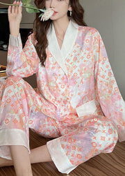 French Light Pink V Neck Patchwork Print Ice Silk Pajamas Two Pieces Set Spring