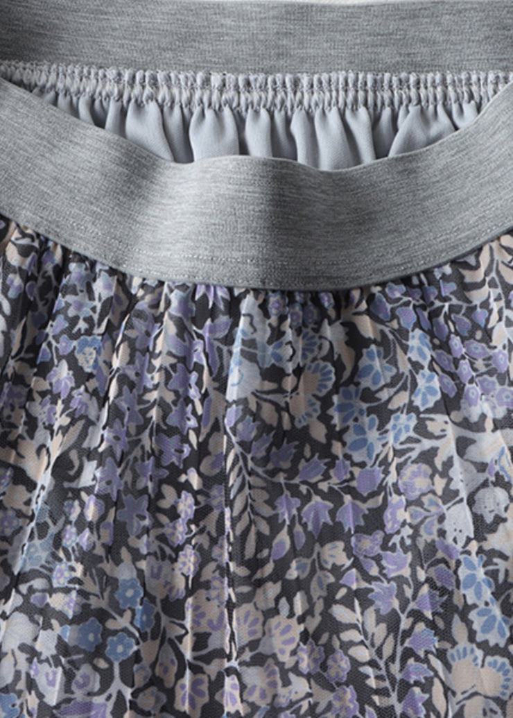 French Light Purple Print Elastic Waist Tulle Skirts Spring