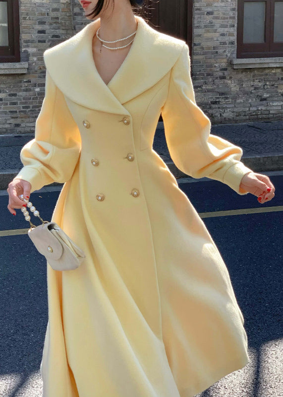 French Light Yellow Peter Pan Collar Double Breast Woolen Coat Spring