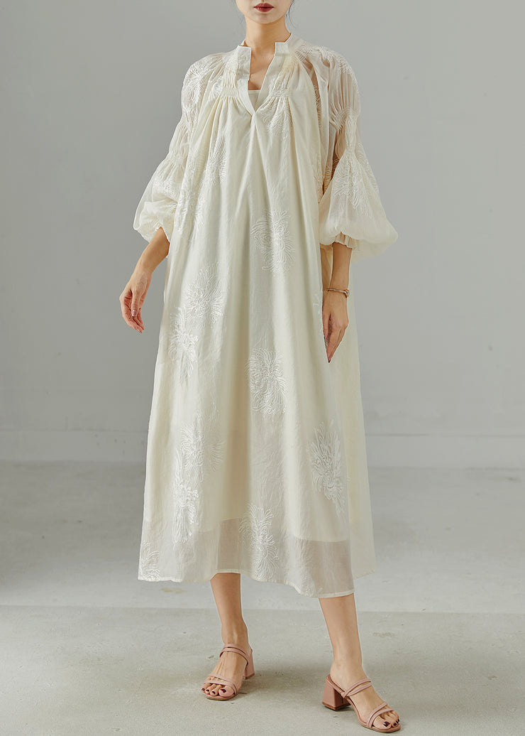 French Milk White Embroidered Silk Dresses Lantern Sleeve