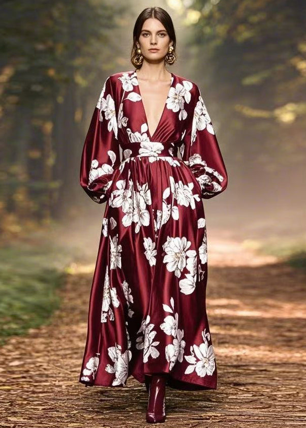 French Mulberry V Neck Print Pockets Silk Maxi Dresses Spring