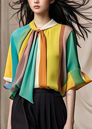 French Multi Bow Patchwork Chiffon Shirt Half Sleeve