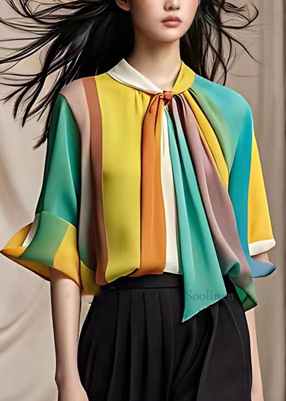 French Multi Bow Patchwork Chiffon Shirt Half Sleeve