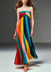 French Multicolor Bustier Top Chiffon Strapless Pleated Dresses Summer