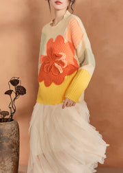 French Multicolor O-Neck Floral Knit Sweaters Winter