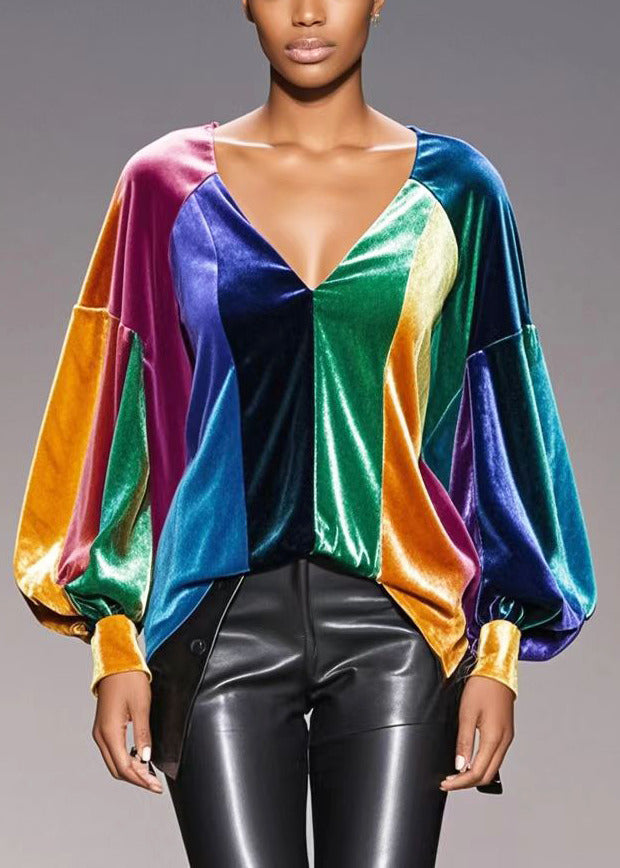 French Multicolour Asymmetrical Patchwork Silk Velour Top Spring