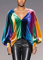 French Multicolour Asymmetrical Patchwork Silk Velour Top Spring