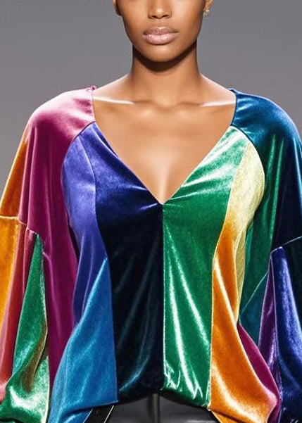 French Multicolour Asymmetrical Patchwork Silk Velour Top Spring