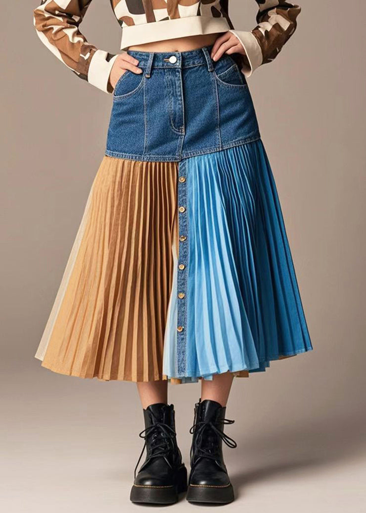 French Navy Asymmetrical Patchwork Denim Pleated Skirt Fall