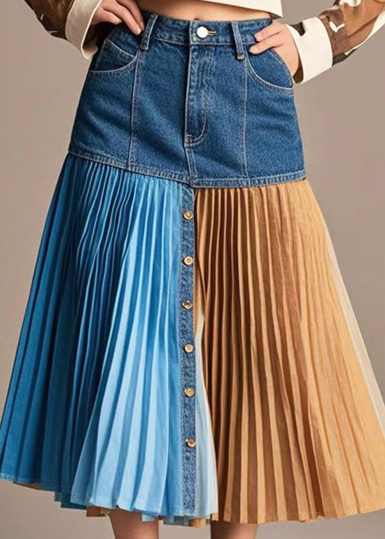 French Navy Asymmetrical Patchwork Denim Pleated Skirt Fall