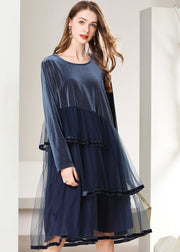 French Navy Asymmetrical Tulle Patchwork Silk Velour Dresses Spring