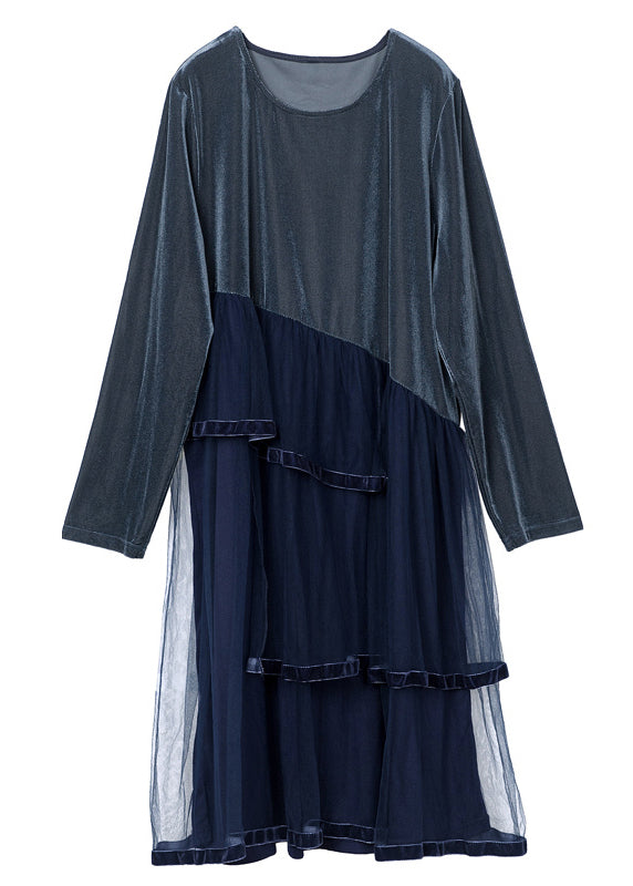 French Navy Asymmetrical Tulle Patchwork Silk Velour Dresses Spring