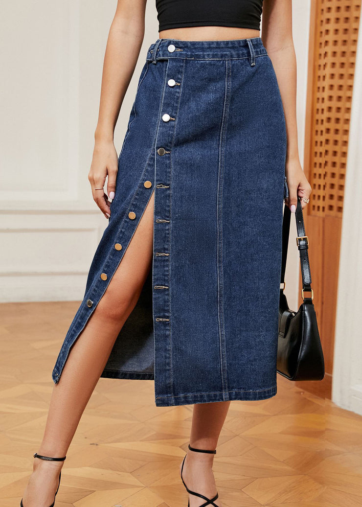 French Navy Button Elastic Waist Denim Skirts Summer