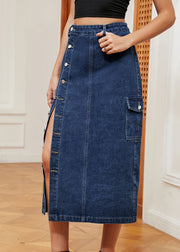 French Navy Button Elastic Waist Denim Skirts Summer