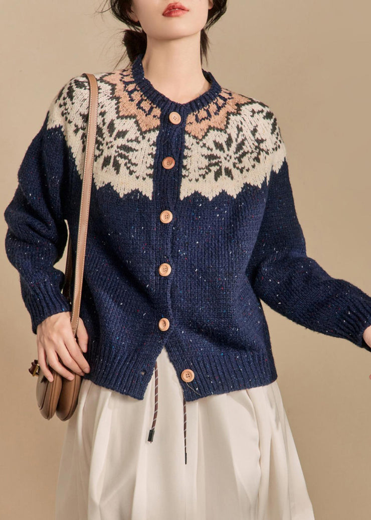 French Navy Button Patchwork Knit Coat Winter