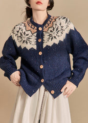 French Navy Button Patchwork Knit Coat Winter