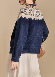 French Navy Button Patchwork Knit Coat Winter