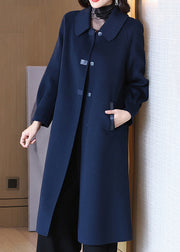 French Navy Button Pockets Wool Long Coats Spring