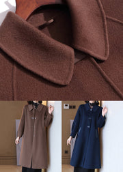 French Navy Button Pockets Wool Long Coats Spring