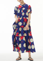 French Navy Button Print Cotton Long Dress Short Sleeve