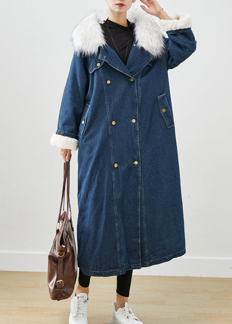 French Navy Fur Collar Thick Warm Fleece Denim Coats Fall