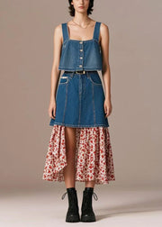 French Navy High Waist Patchwork Print Denim Skirt Fall