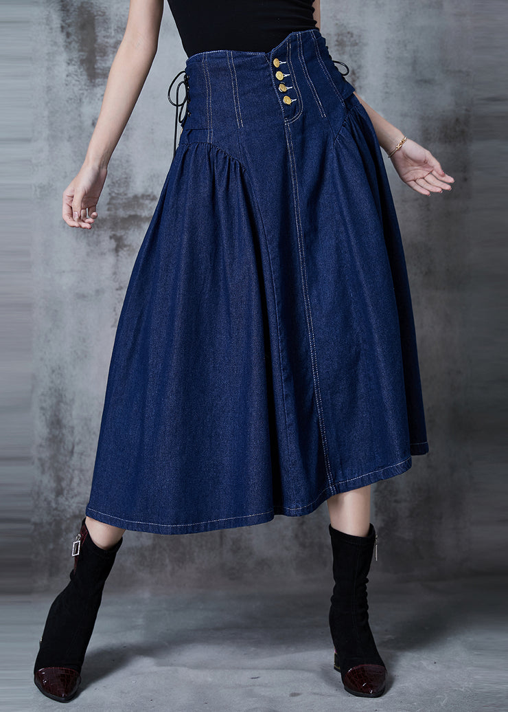 French Navy High Waist Wrinkled Denim Skirts Fall