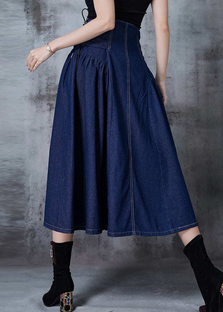 French Navy High Waist Wrinkled Denim Skirts Fall