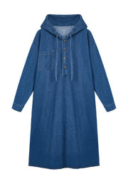 French Navy Hooded Button Patchwork Denim Dress Spring