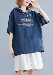 French Navy Hooded Letter Print Cotton Loose Sweatshirts Top Short Sleeve