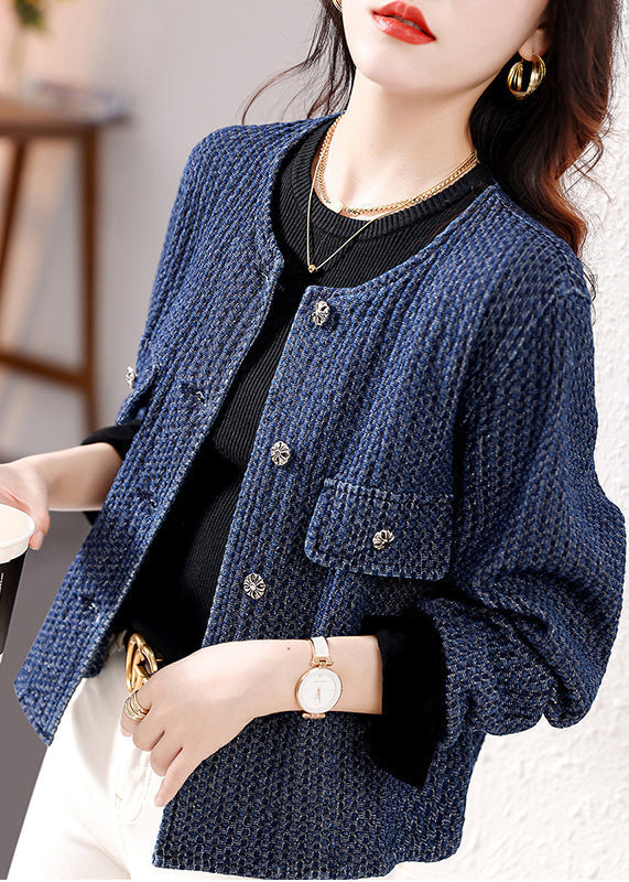 French Navy O Neck Button Patchwork Denim Coat Fall