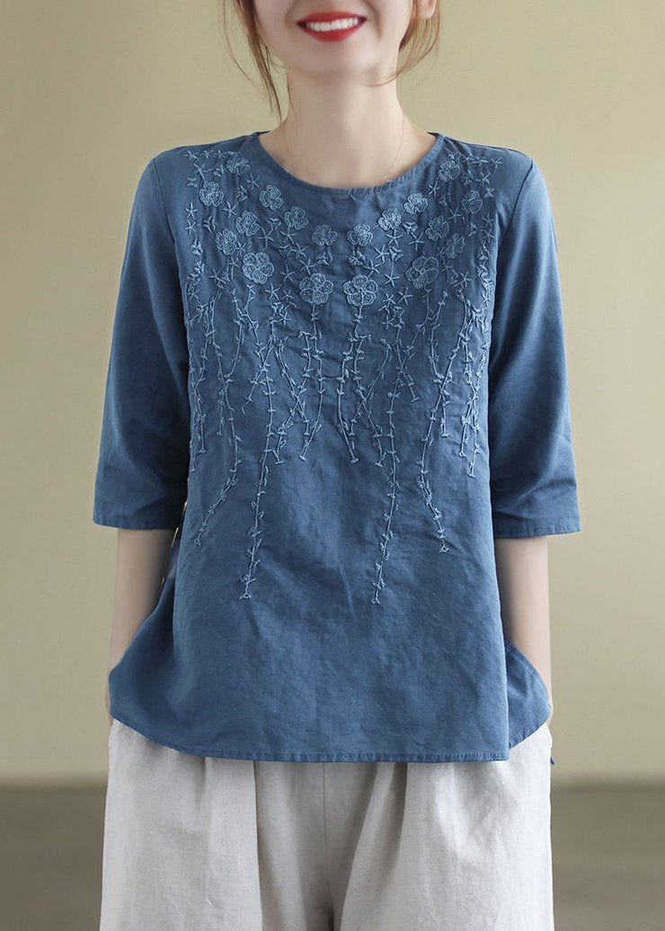 French Print1 O-Neck Embroideried Cotton Blouses Half Sleeve