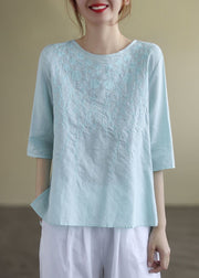 French Print2 O-Neck Embroideried Cotton Blouses Half Sleeve