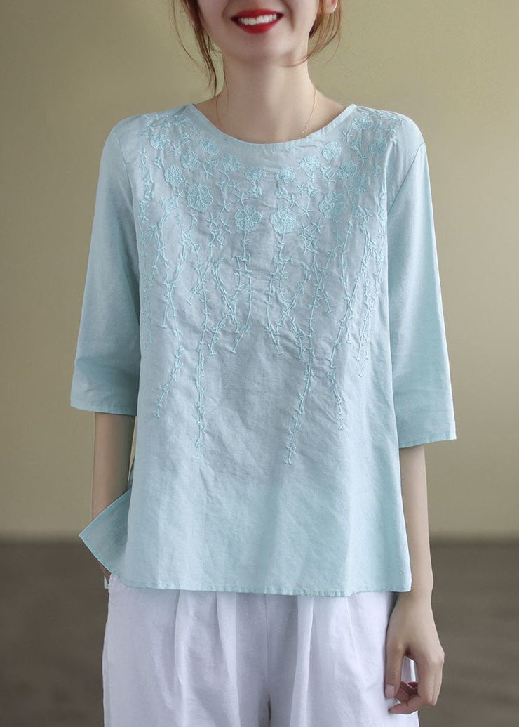 French Print4 O-Neck Embroideried Cotton Blouses Half Sleeve