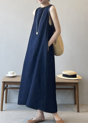 French Navy O Neck Pockets Denim Long Dress Sleeveless