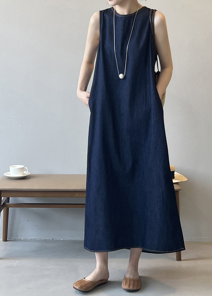 French Navy O Neck Pockets Denim Long Dress Sleeveless