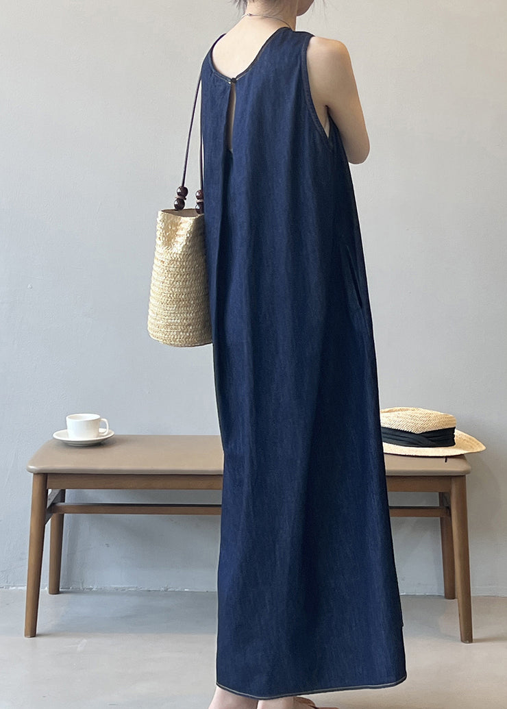 French Navy O Neck Pockets Denim Long Dress Sleeveless