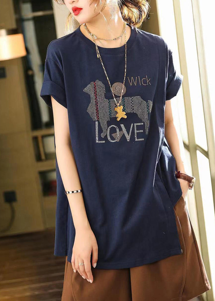 French Navy O Neck Zircon Patchwork Cotton T Shirt Summer