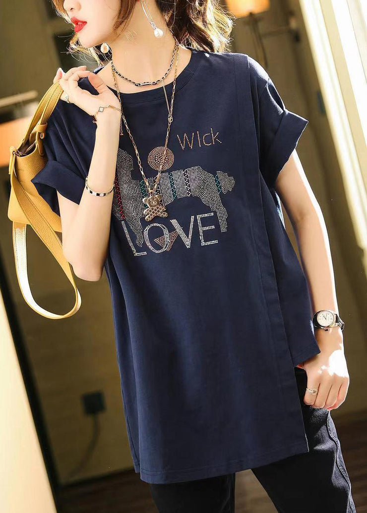 French Navy O Neck Zircon Patchwork Cotton T Shirt Summer